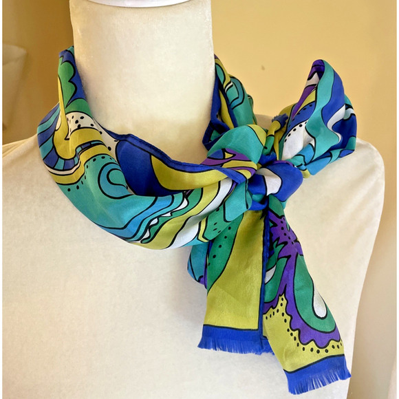 Oscar De La Renta 100% Silk Scarf Vtg Vivid Bright Pattern Blue Purple Green - Picture 3 of 12